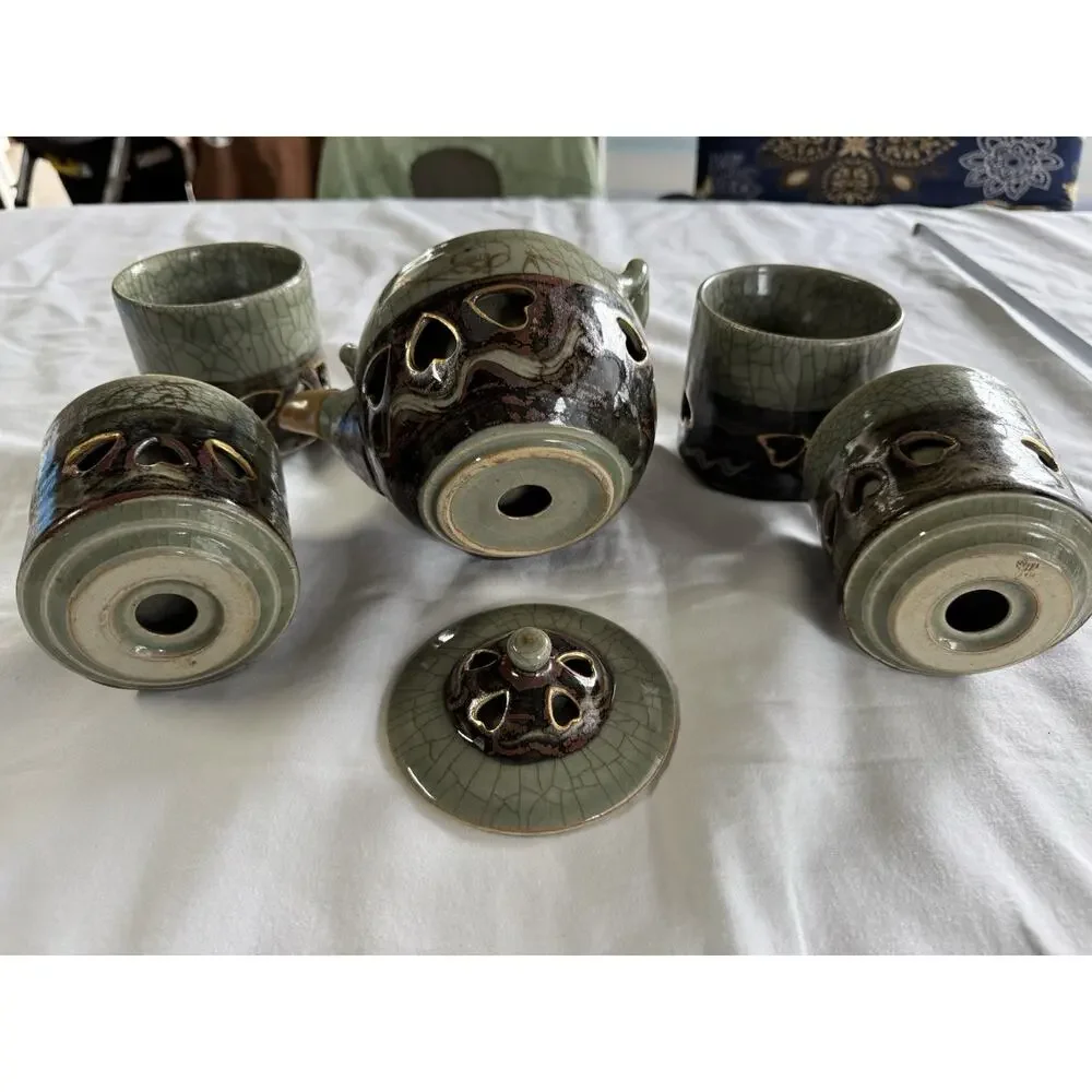 Vintage Japanese Somayaki Somamare 5 piece Tea Set Green Crackle Glaze Gold